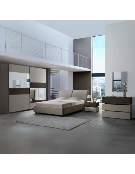 Camera da letto Kendra con letto contenitore imbottito e armadio 2 ante scorrevoli con specchi colore tortora noce - Kallea