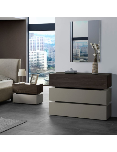 Camera da letto Kendra con letto contenitore imbottito e armadio 2 ante scorrevoli con specchi colore tortora noce - Kallea