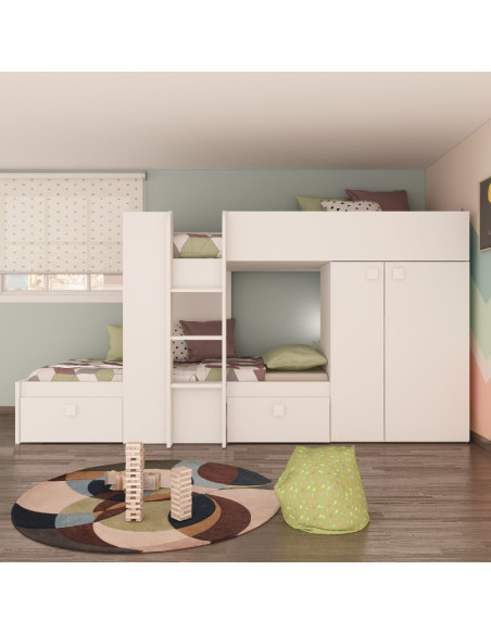 Letto a castello 1277 reversibile con due cassetti e armadio colore bianco - Kallea