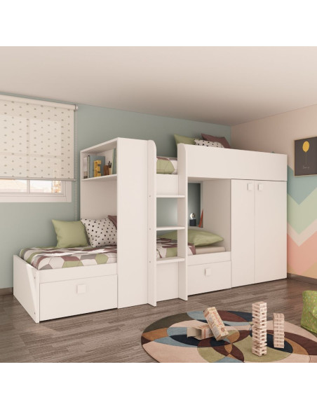 Letto a castello 1277 reversibile con due cassetti e armadio colore bianco - Kallea