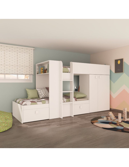 Letto a castello 1277 reversibile con due cassetti e armadio colore bianco - Kallea