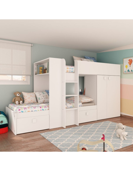 Letto a castello 1277 reversibile con due cassetti e armadio colore bianco - Kallea