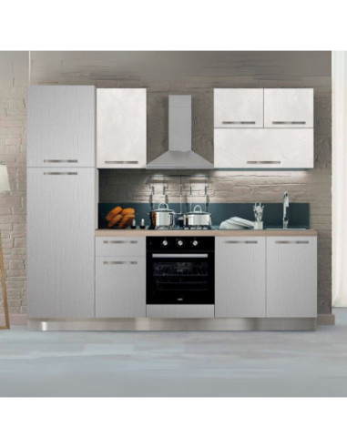 Cucina bloccata Molly in canyon white con struttura tortora e pensili spatolato 255x216H cm elettrodomestici inclusi - Kallea