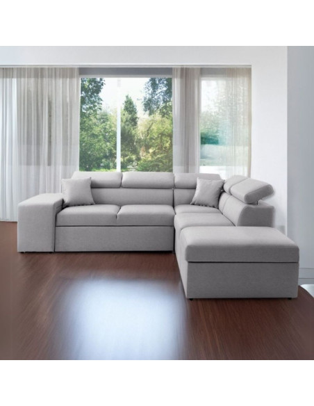 Divano letto angolare reversibile New Belen con contenitore e 2 pouff estraibili in tessuto Portland 90 grigio - Kallea