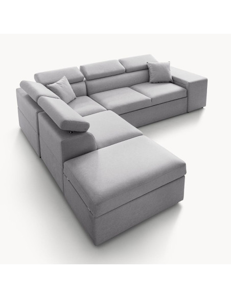 Divano letto angolare reversibile New Belen con contenitore e 2 pouff estraibili in tessuto Portland 90 grigio - Kallea