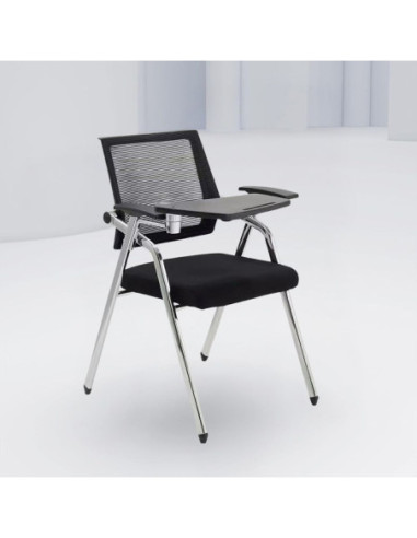 Sedia ufficio Loreto con tavolino ribaltabile, gambe in acciaio cromato e schienale in rete colore nero - Kallea