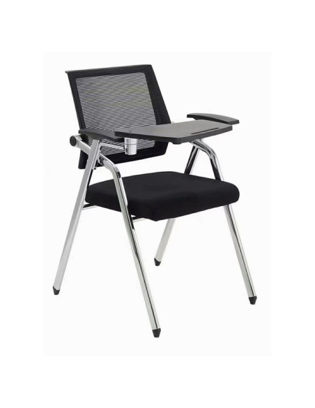 Sedia ufficio Loreto con tavolino ribaltabile, gambe in acciaio cromato e schienale in rete colore nero - Kallea