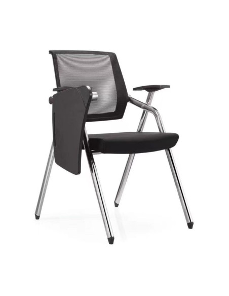 Sedia ufficio Loreto con tavolino ribaltabile, gambe in acciaio cromato e schienale in rete colore nero - Kallea