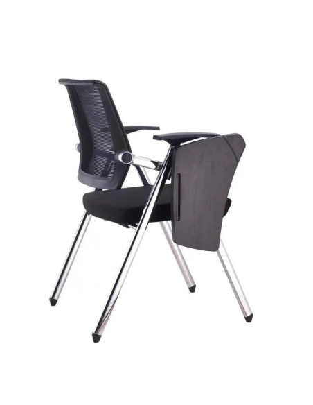 Sedia ufficio Loreto con tavolino ribaltabile, gambe in acciaio cromato e schienale in rete colore nero - Kallea