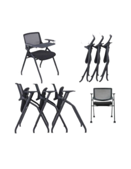 Sedia ufficio Loreto con tavolino ribaltabile, gambe in acciaio cromato e schienale in rete colore nero - Kallea