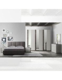 Camera da letto Mirelle colore grigio perla e ossido grigio scuro con armadio 6 ante a specchi e letto contenitore - Kallea