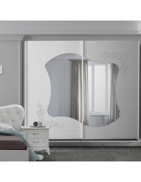 Camera da letto Marsida colore bianco larice con armadio 2 ante scorrevoli con serigrafia glitter - Kallea