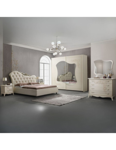 Camera da letto Marsida colore beige con armadio 2 ante scorrevoli con serigrafia - Kallea