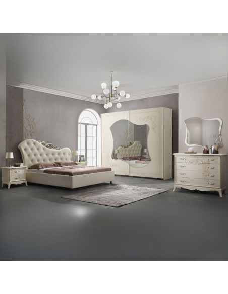 Camera da letto Marsida colore beige con armadio 2 ante scorrevoli con serigrafia - Kallea