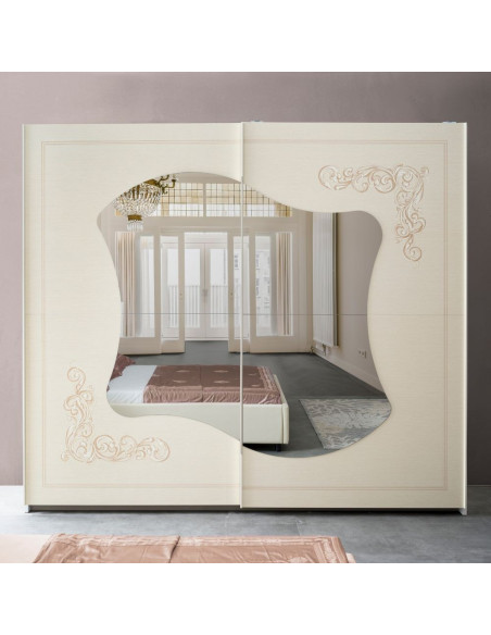 Camera da letto Marsida colore beige con armadio 2 ante scorrevoli con serigrafia - Kallea