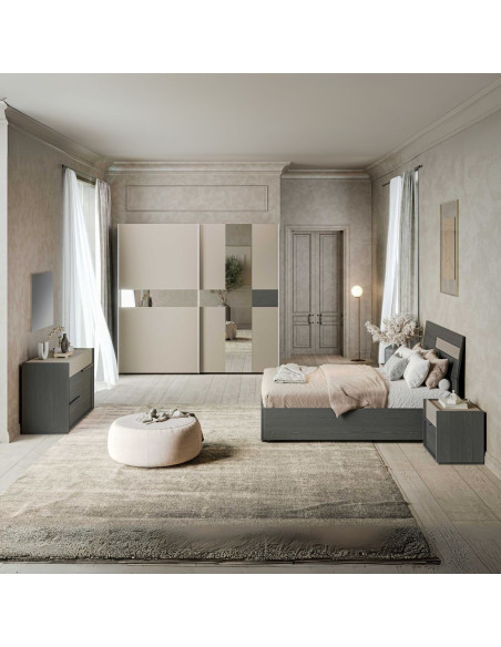 Camera da letto Tania con armadio 2 ante scorrevoli con specchi e letto contenitore in legno in colori grigio e talco - Kallea