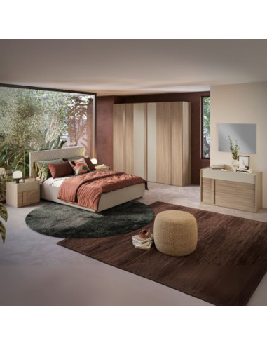 Camera da letto Faba con armadio 6 ante battenti in noce e talco e con letto contenitore imbottito Parigi in tessuto corda - ...