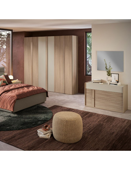 Camera da letto Faba con armadio 6 ante battenti noce e talco e letto contenitore imbottito Napoli tortora - Kallea