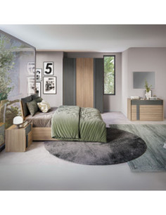 Camera da letto Faba con armadio 4 ante noce e grigio e letto contenitore in legno noce - Kallea