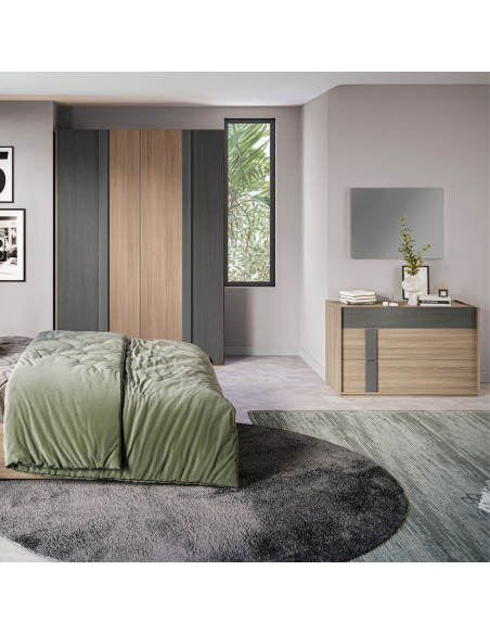 Camera da letto Faba con armadio 4 ante noce e grigio e letto contenitore in legno noce - Kallea