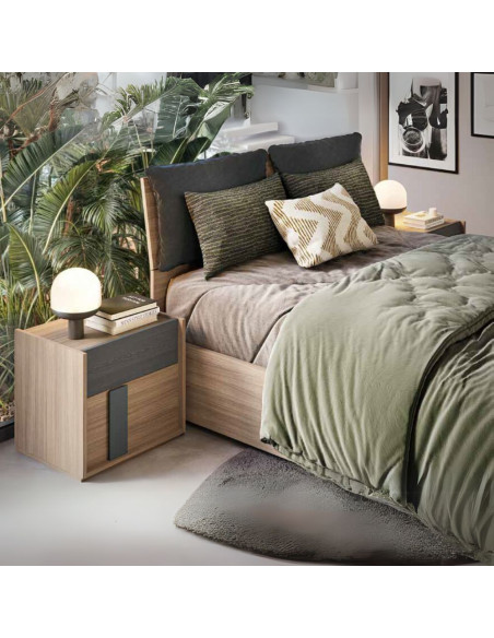 Camera da letto Faba con armadio 4 ante noce e grigio e letto contenitore in legno noce - Kallea