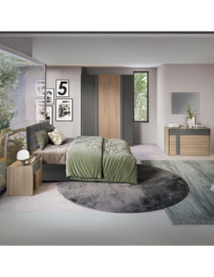 Camera da letto Faba con armadio 4 ante battenti in noce e grigio e con letto contenitore Napoli colore grigio - Kallea