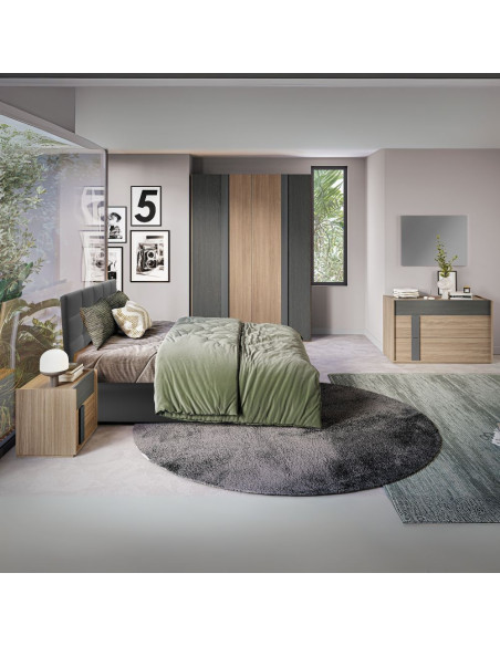 Camera da letto Faba con armadio 4 ante battenti in noce e grigio e con letto contenitore Napoli colore grigio - Kallea