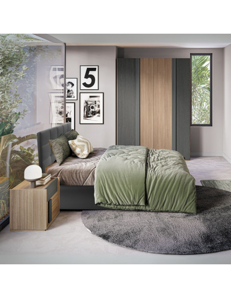 Camera da letto Faba con armadio 4 ante battenti in noce e grigio e con letto contenitore Napoli colore grigio - Kallea
