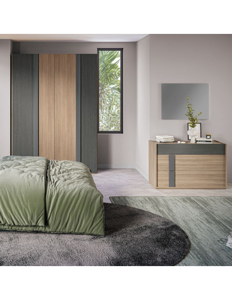 Camera da letto Faba con armadio 4 ante battenti in noce e grigio e con letto contenitore Napoli colore grigio - Kallea