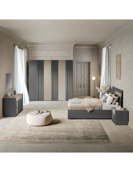 Camera da letto Faba con armadio 6 ante battenti in grigio e talco e letto contenitore in legno colore grigio e dettaglio tal...