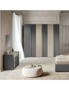 Camera da letto Faba con armadio 6 ante battenti in grigio e talco e letto contenitore in legno colore grigio e dettaglio tal... 2