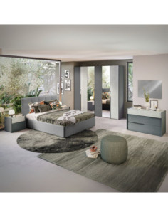 Camera da letto Faba in grigio e cemento con armadio 6 ante battenti a specchio e letto contenitore Ascoli grigio - Kallea