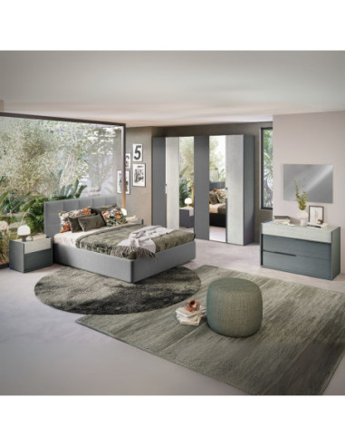 Camera da letto Faba in grigio e cemento con armadio 6 ante battenti a specchio e letto contenitore Ascoli grigio - Kallea