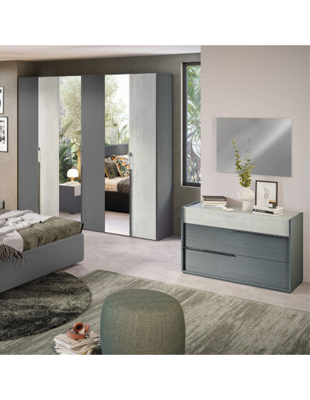 Camera da letto Faba in grigio e cemento con armadio 6 ante battenti a specchio e letto contenitore Ascoli grigio - Kallea