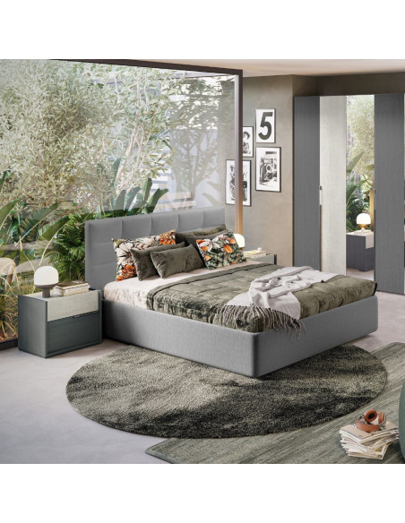 Camera da letto Faba in grigio e cemento con armadio 6 ante battenti a specchio e letto contenitore Ascoli grigio - Kallea