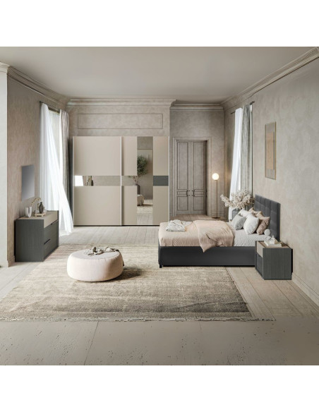 Camera da letto Tania in grigio e talco con armadio 2 ante scorrevoli con specchi e letto contenitore Napoli grigio - Kallea