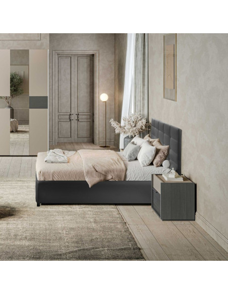 Camera da letto Tania in grigio e talco con armadio 2 ante scorrevoli con specchi e letto contenitore Napoli grigio - Kallea