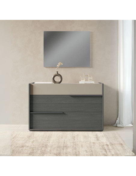 Camera da letto Tania in grigio e talco con armadio 2 ante scorrevoli con specchi e letto contenitore Napoli grigio - Kallea