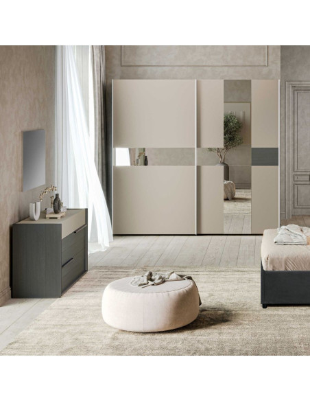 Camera da letto Tania in grigio e talco con armadio 2 ante scorrevoli con specchi e letto contenitore Napoli grigio - Kallea