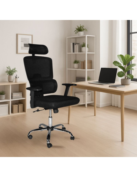 Poltrona per ufficio Ant con schienale in rete e poggiatesta regolabile con base cromata colore nero - Kallea