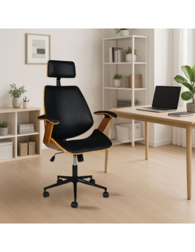 Sedia direzionale James in similpelle nero con struttura e braccioli finitura effetto legno - Kallea