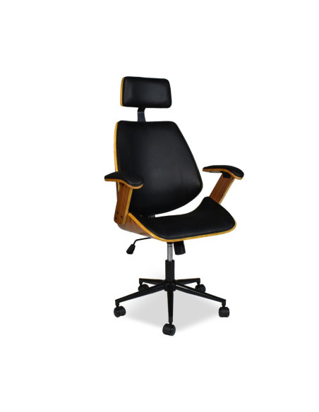 Sedia direzionale James in similpelle nero con struttura e braccioli finitura effetto legno - Kallea