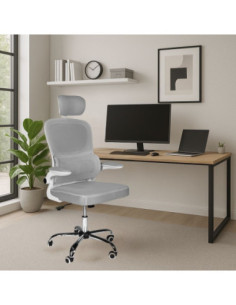 Sedia da ufficio ergonomica Vibes con struttura bianca e seduta in tessuto a rete grigio con base cromata - Kallea