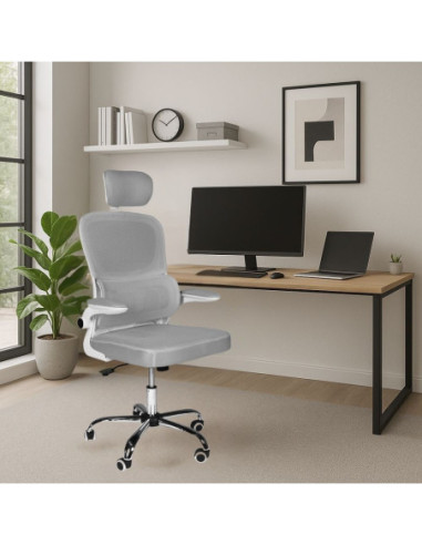 Sedia da ufficio ergonomica Vibes con struttura bianca e seduta in tessuto a rete grigio con base cromata - Kallea
