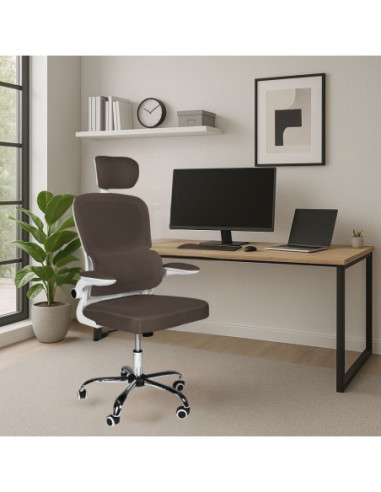Sedia da ufficio ergonomica Vibes con struttura bianca e seduta in tessuto a rete tortora con base cromata - Kallea