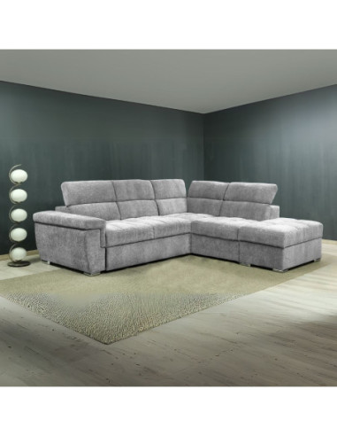 Divano letto angolare reversibile Amalfi con 5 poggiatesta regolabili e pouf indipendente in tessuto Giulia 9712 grigio chiar...
