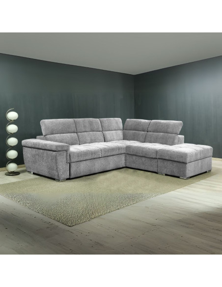 Divano letto angolare reversibile Amalfi con 5 poggiatesta regolabili e pouf indipendente in tessuto Giulia 9712 grigio chiar...
