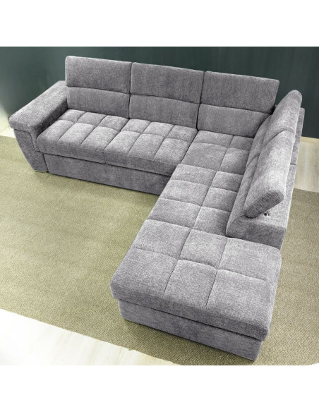 Divano letto angolare reversibile Amalfi con 5 poggiatesta regolabili e pouf indipendente in tessuto Giulia 9712 grigio chiar...