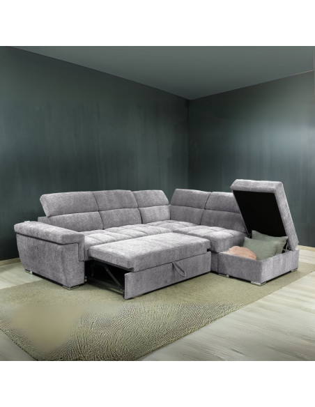 Divano letto angolare reversibile Amalfi con 5 poggiatesta regolabili e pouf indipendente in tessuto Giulia 9712 grigio chiar...