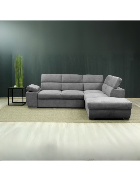 Divano letto angolare destro Arizona con poggiatesta e bracciolo regolabili con pouf contenitore in tessuto Giulia 9713 grigi...